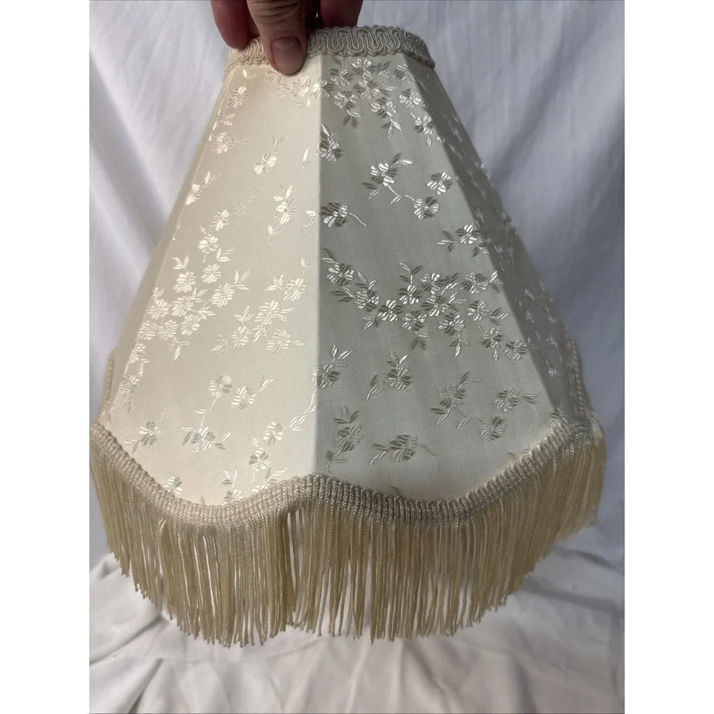 Vtg Victorian style brocade floral damask cream ivory LAMP SHADE fringe Boudoir